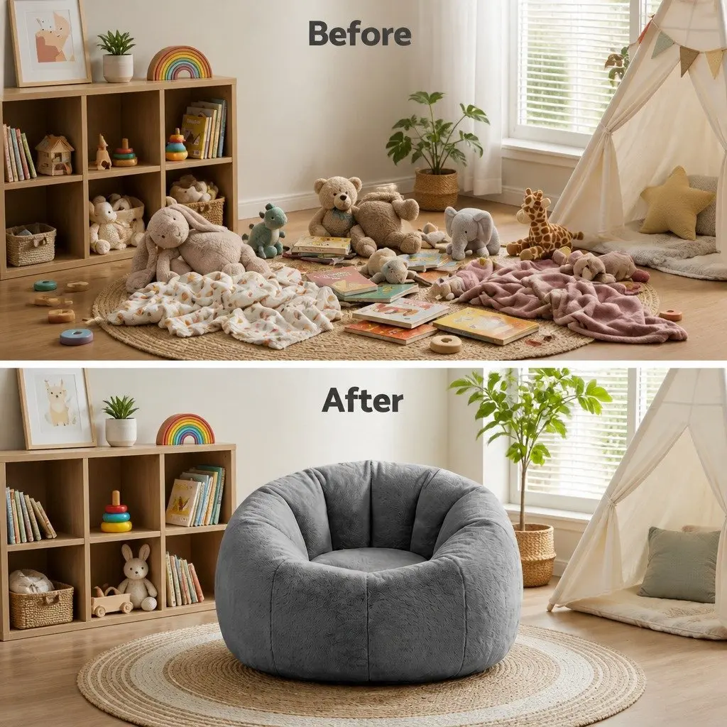 Bean Bag Chair Cover Grey Large Round Faux Fur Soft Washable Storage Sofa Cover