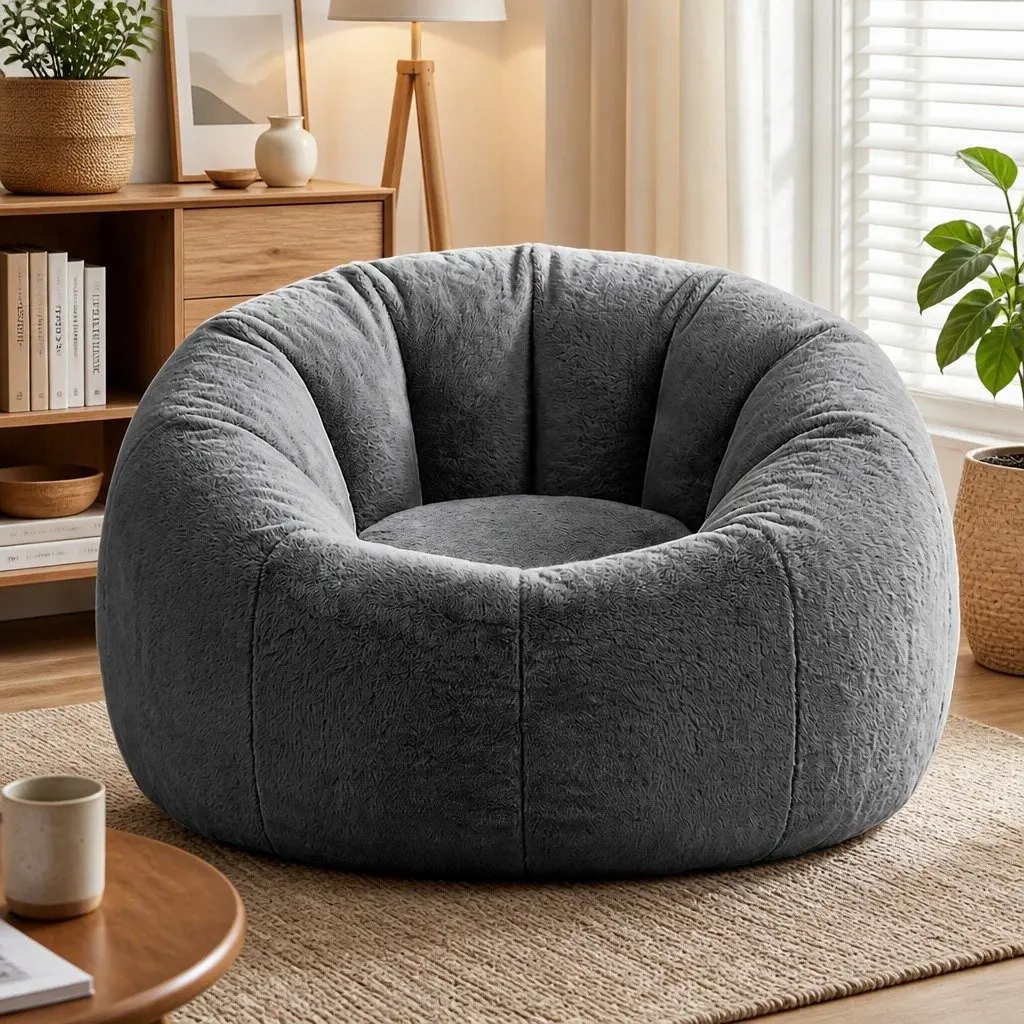 Bean Bag Chair Cover Grey Large Round Faux Fur Soft Washable Storage Sofa Cover