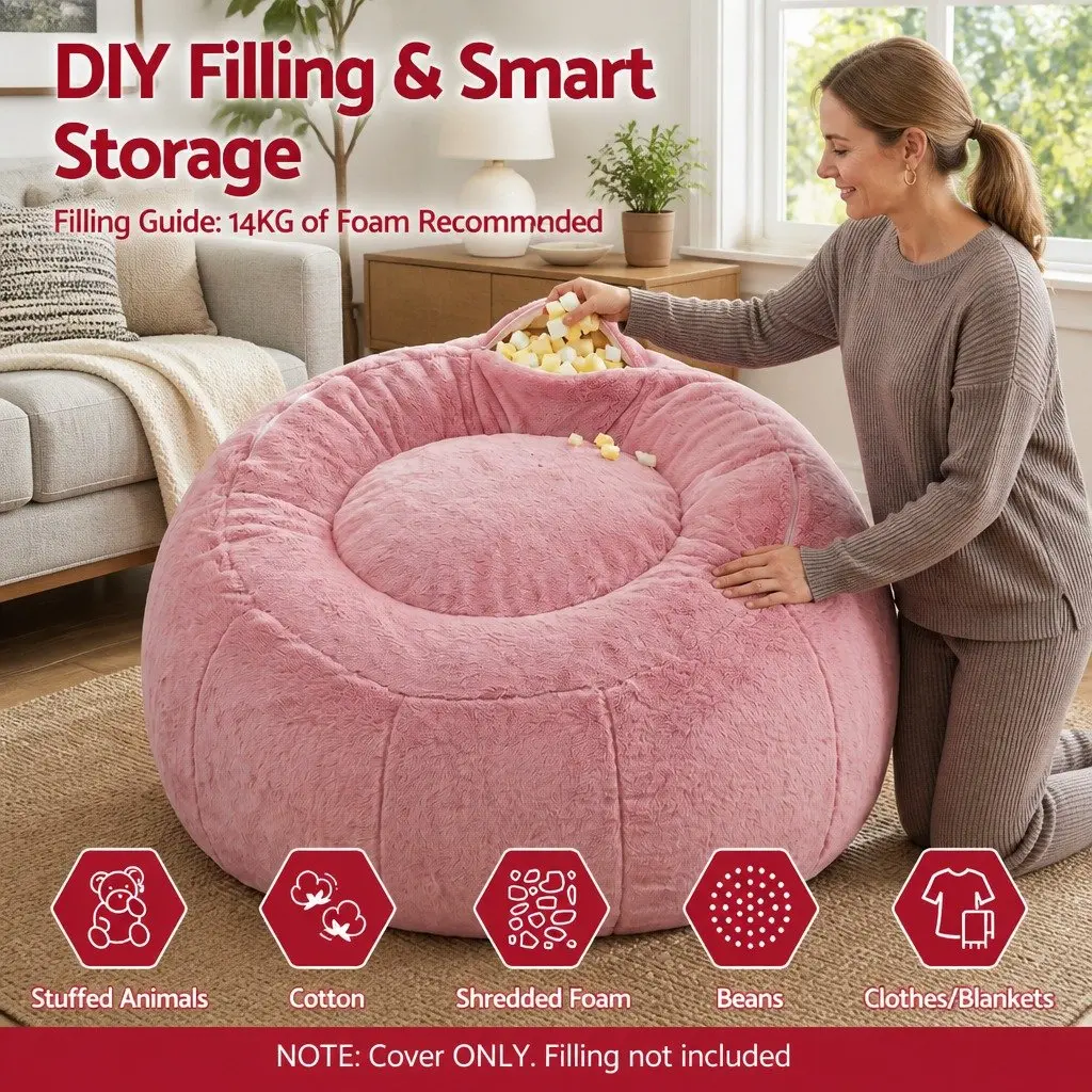 Bean Bag Chair Cover Large Round Faux Fur Washable Lazy Sofa Lounger for Adults