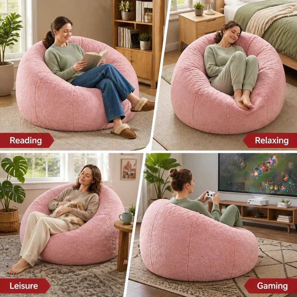 Bean Bag Chair Cover Large Round Faux Fur Washable Lazy Sofa Lounger for Adults