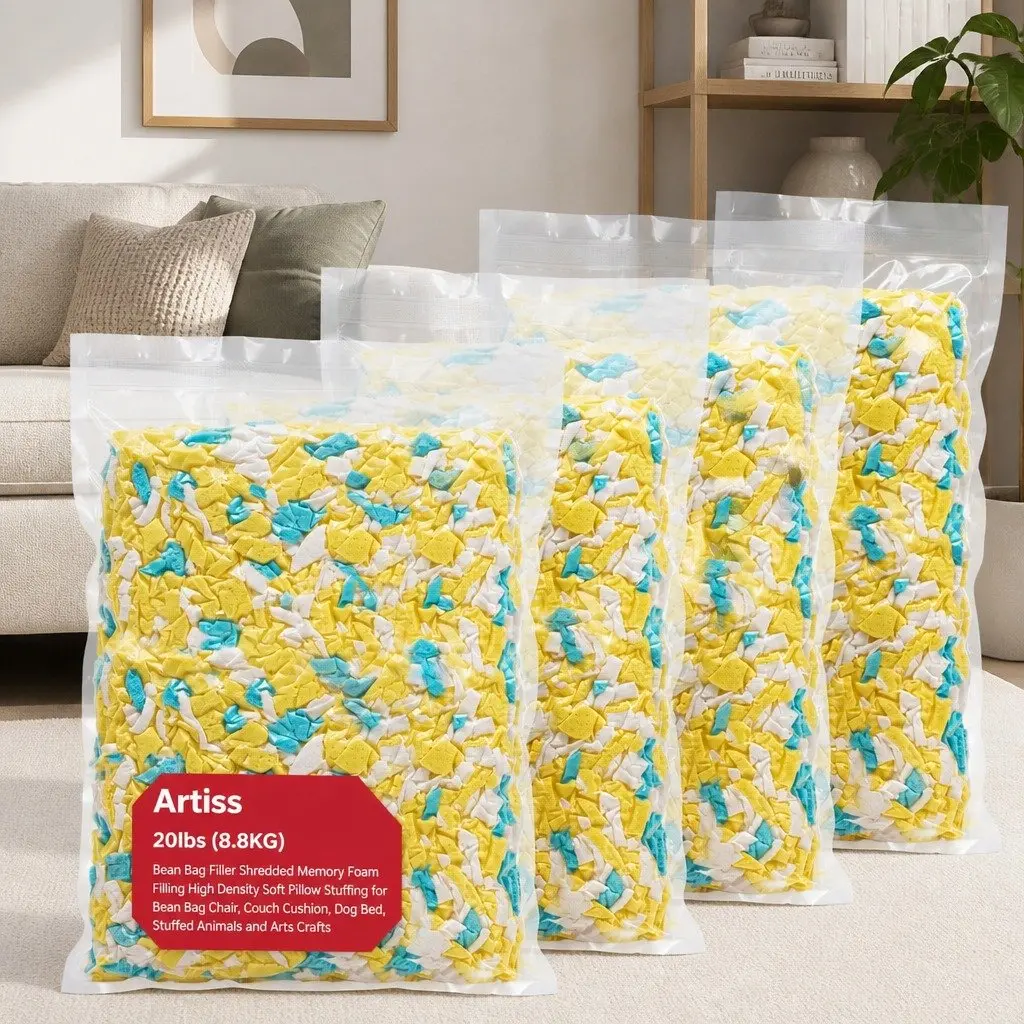 Bean Bag Filler Yellow and White 20lbs Shredded Memory Foam High Density Soft Filling