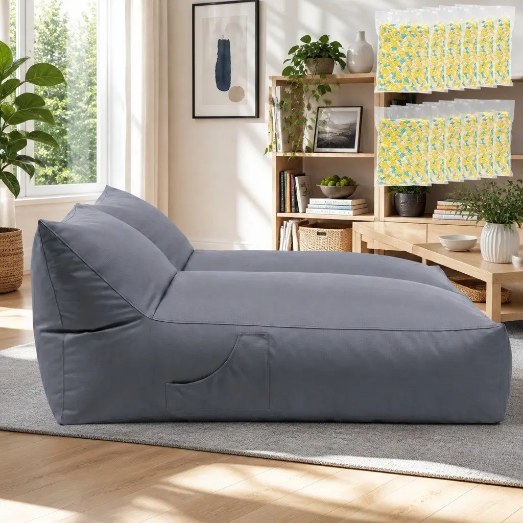 Bean Bag Chair Grey 2 Seater L-Shape Lounge Sofa Memory Foam