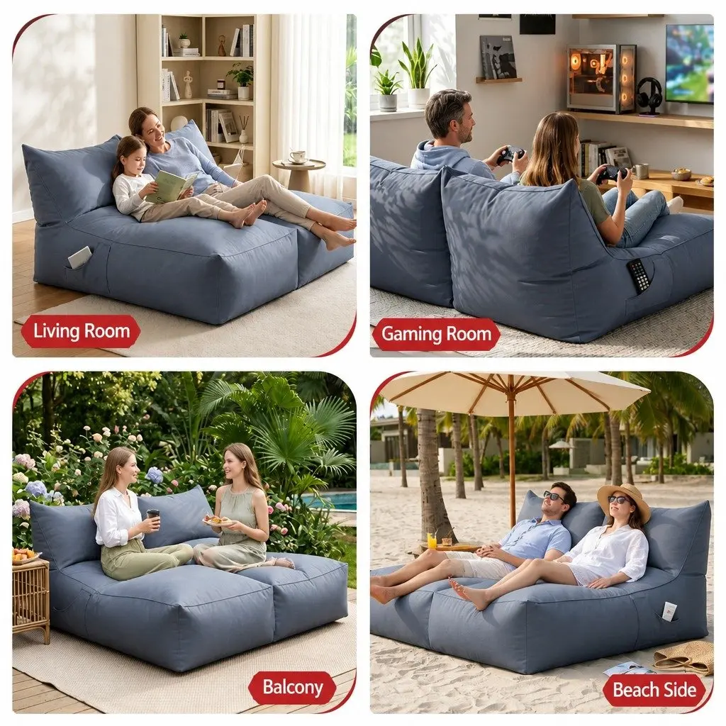 Bean Bag Chair Grey 2 Seater L-Shape Lounge Sofa Memory Foam