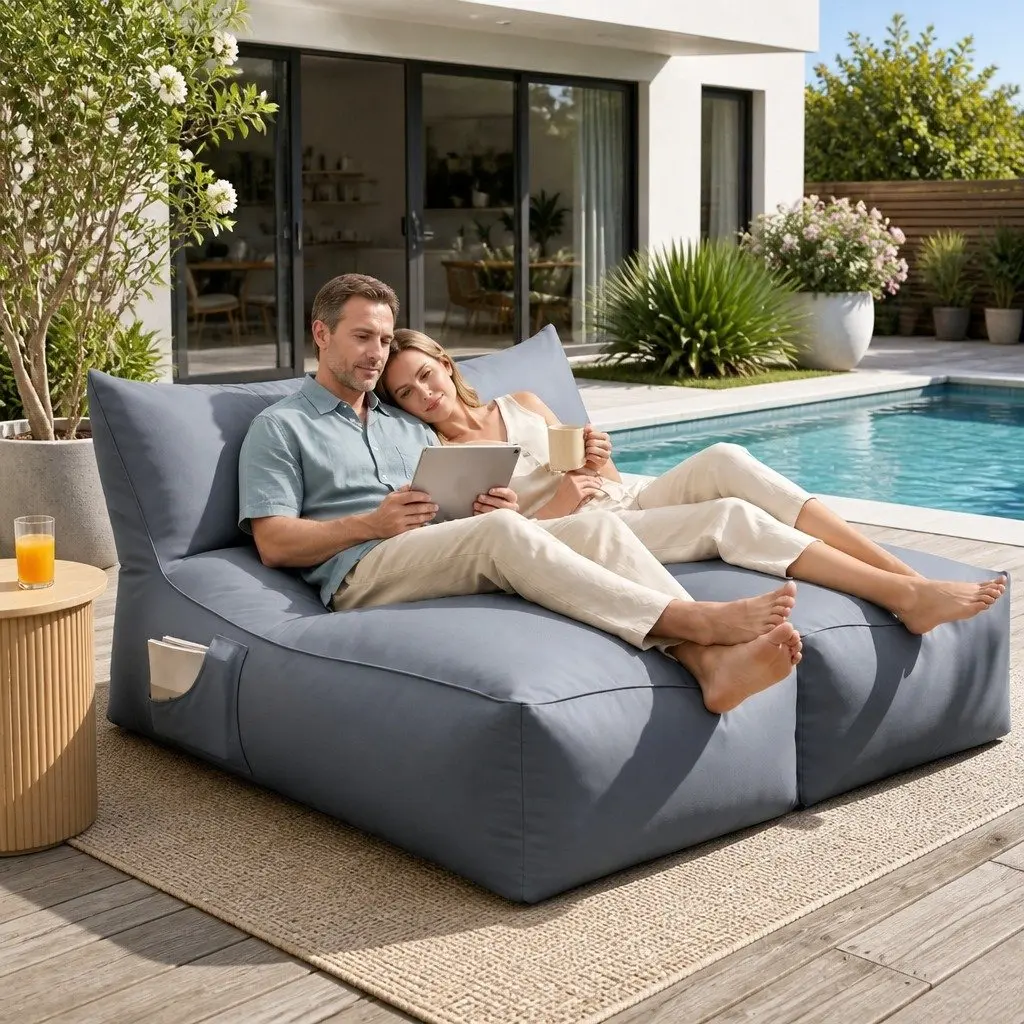 Bean Bag Chair Grey 2 Seater L-Shape Lounge Sofa Memory Foam