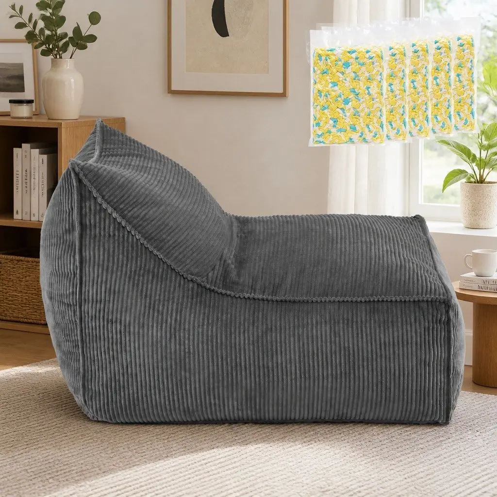 Bean Bag Chair Cover Grey L-Shaped Corduroy Soft Foam Filling