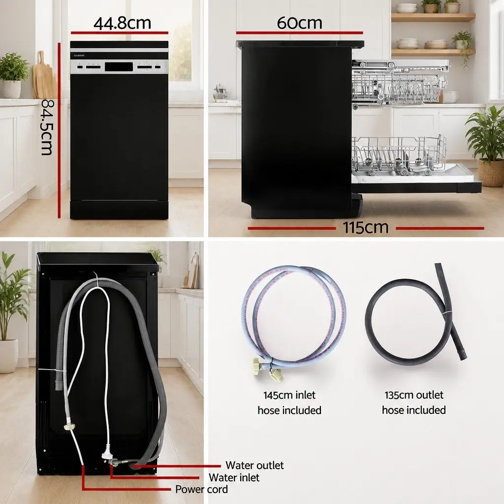 Freestanding Dishwasher Black 10 Place Settings LED Display 8 Cleaning Programs