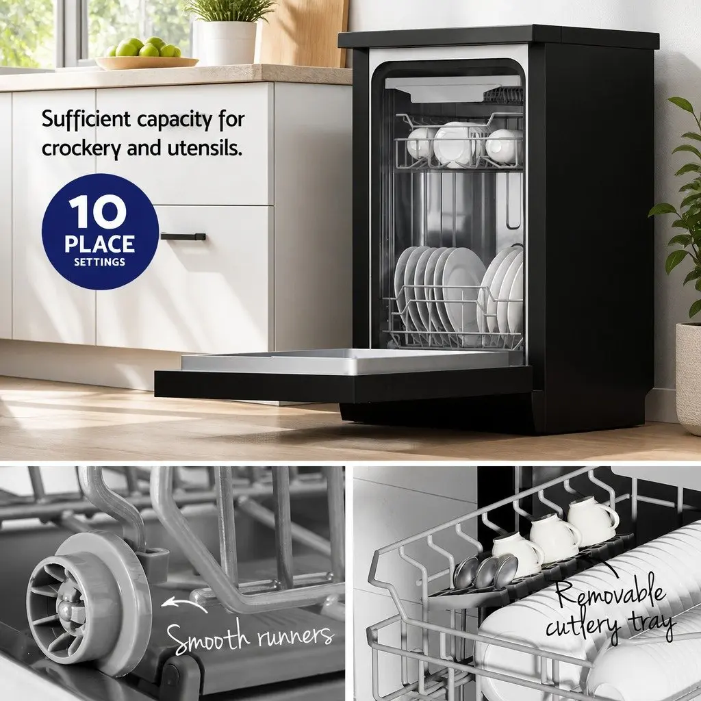 Freestanding Dishwasher Black 10 Place Settings LED Display 8 Cleaning Programs