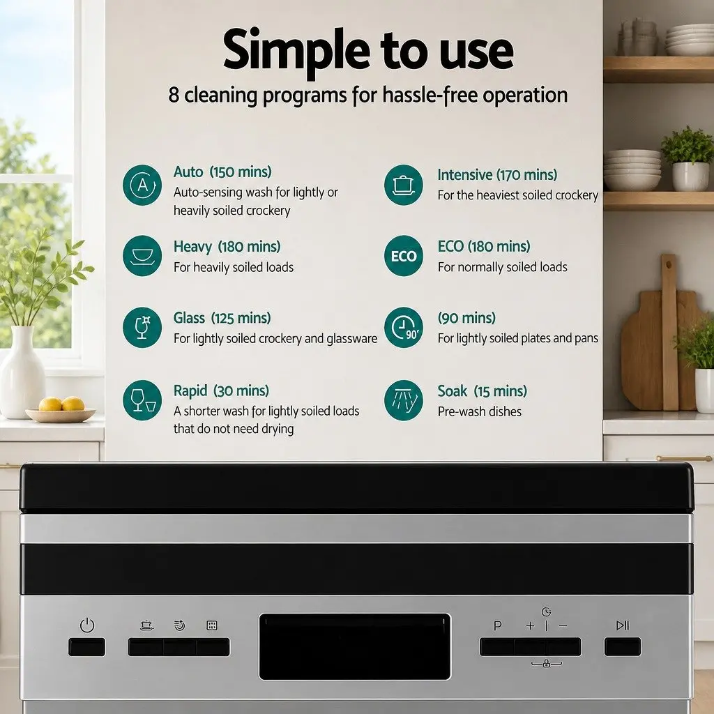 Freestanding Dishwasher Black 10 Place Settings LED Display 8 Cleaning Programs