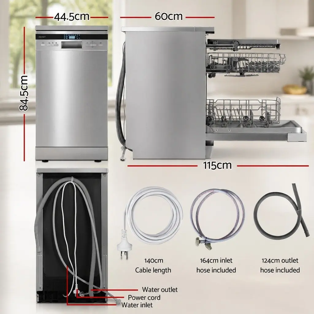 10 Place Settings Freestanding Dishwasher Silver 8 Programs LED Display Quiet