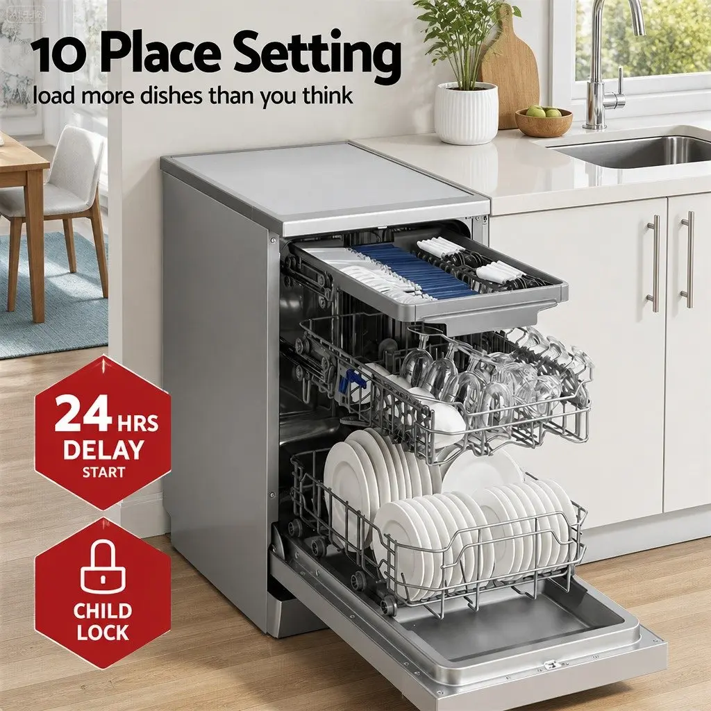 10 Place Settings Freestanding Dishwasher Silver 8 Programs LED Display Quiet
