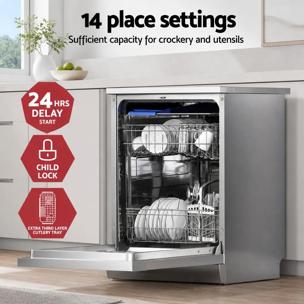 Freestanding Dishwasher Silver 60cm 14 Place Settings Stainless Steel Tub