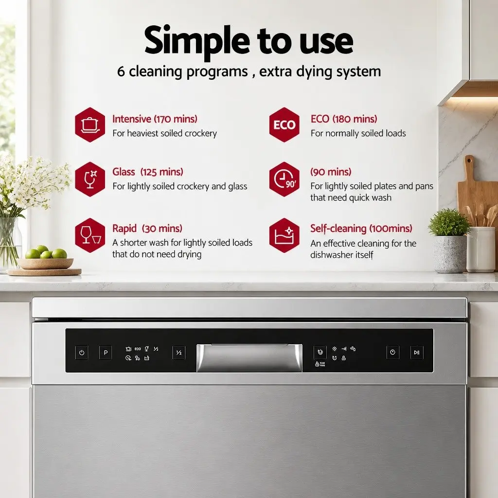 Freestanding Dishwasher Silver 60cm 14 Place Settings Stainless Steel Tub