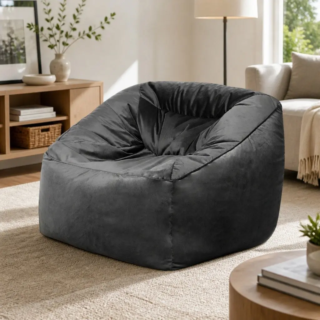 Bean Bag Chair Cover Dark Grey 100x100x80cm Soft Velvet Easy Zipper Portable