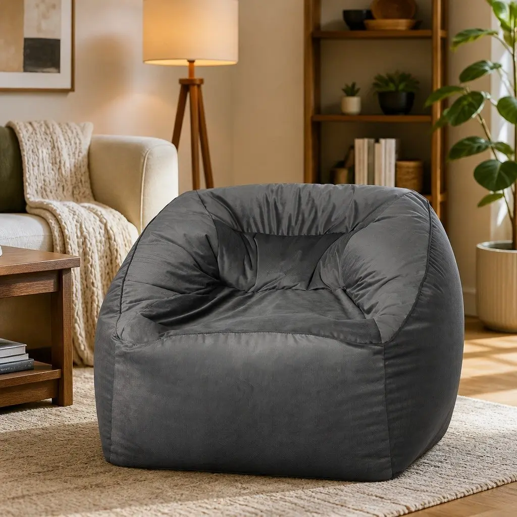 Bean Bag Chair Cover Dark Grey 100x100x80cm Soft Velvet Easy Zipper Portable