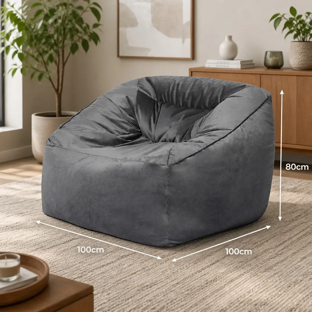 Bean Bag Chair Cover Dark Grey 100x100x80cm Soft Velvet Easy Zipper Portable