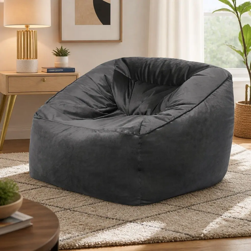 Bean Bag Chair Cover Dark Grey 100x100x80cm Soft Velvet Easy Zipper Portable