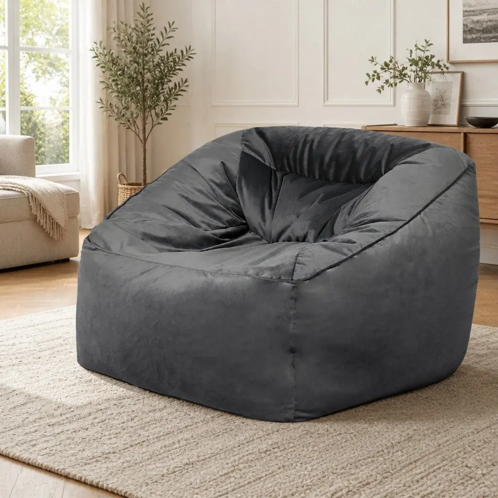 Bean Bag Chair Cover Dark Grey 100x100x80cm Soft Velvet Easy Zipper Portable