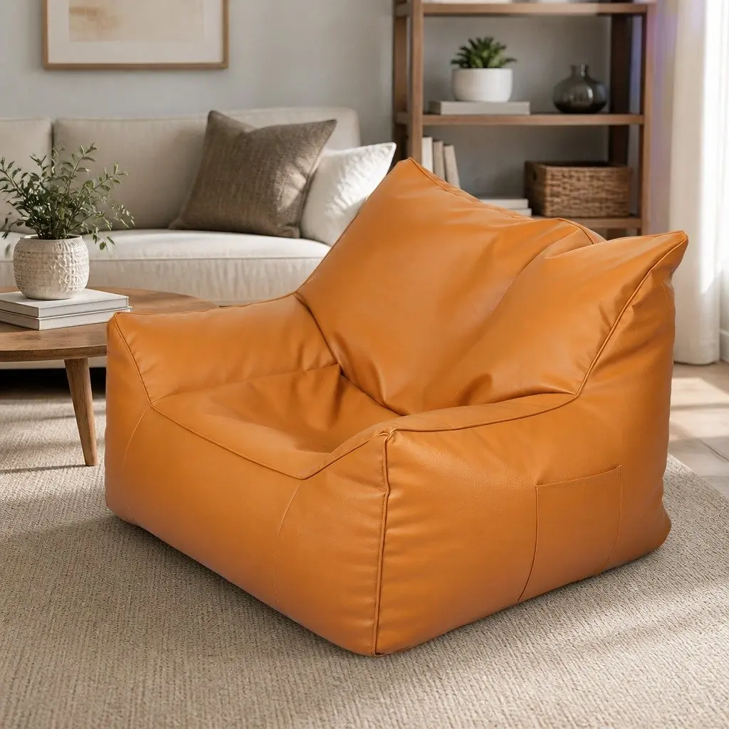 Bean Bag Chair Cover Brown 90cm Easy Fill Zipper PU Leather Indoor