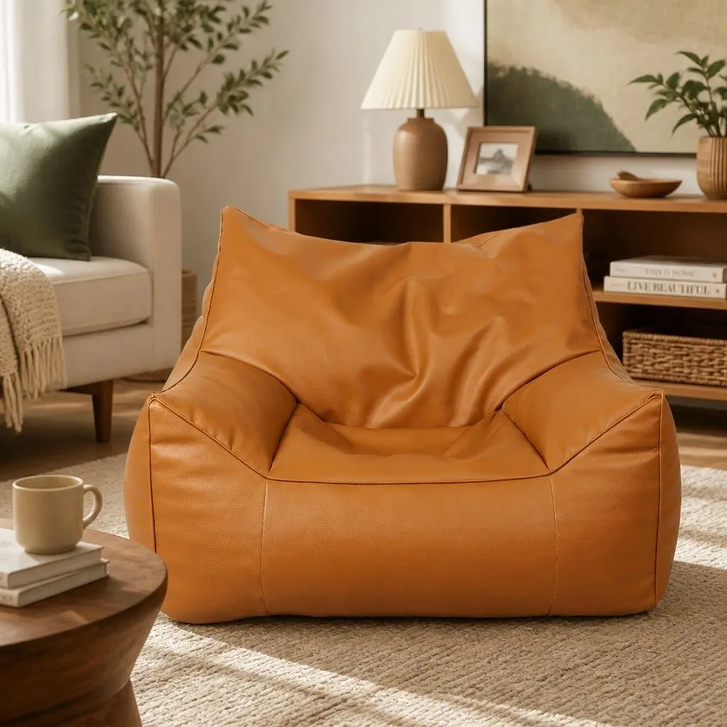 Bean Bag Chair Cover Brown 90cm Easy Fill Zipper PU Leather Indoor