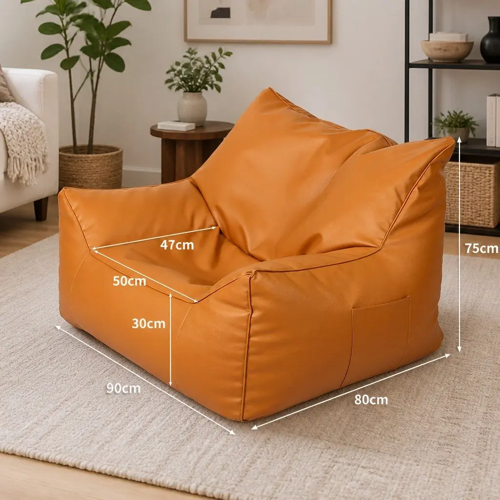 Bean Bag Chair Cover Brown 90cm Easy Fill Zipper PU Leather Indoor