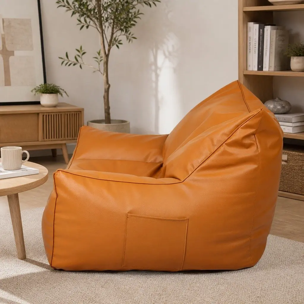 Bean Bag Chair Cover Brown 90cm Easy Fill Zipper PU Leather Indoor