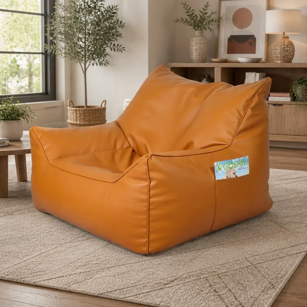Bean Bag Chair Cover Brown 90cm Easy Fill Zipper PU Leather Indoor