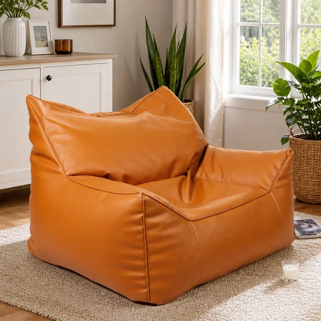 Bean Bag Chair Cover Brown 90cm Easy Fill Zipper PU Leather Indoor