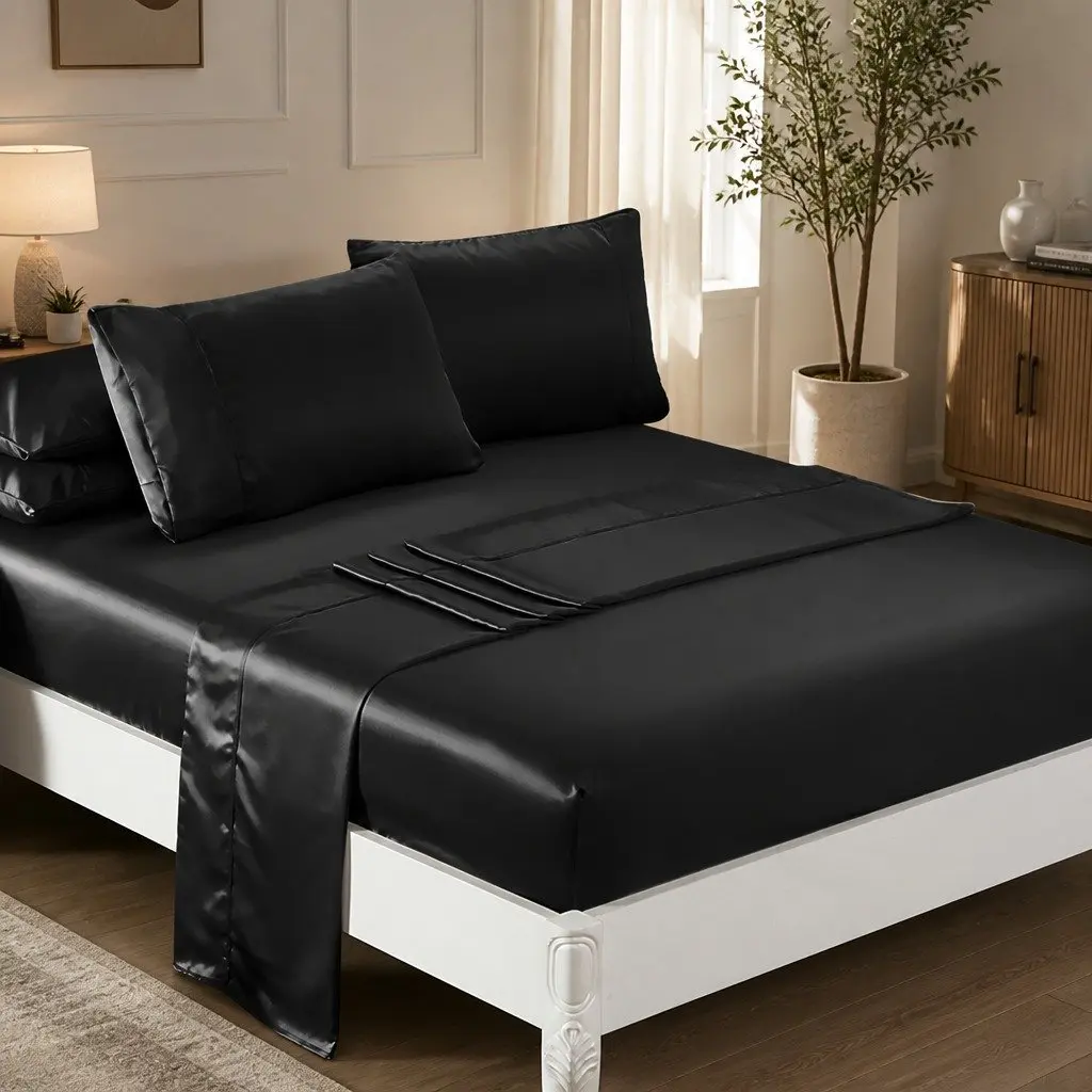 Satin Sheets Set Queen Fitted Flat Pillowcase Black Silky Smooth Lightweight