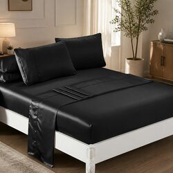 Concise Comfort: Queen Satin Sheets Set in Black