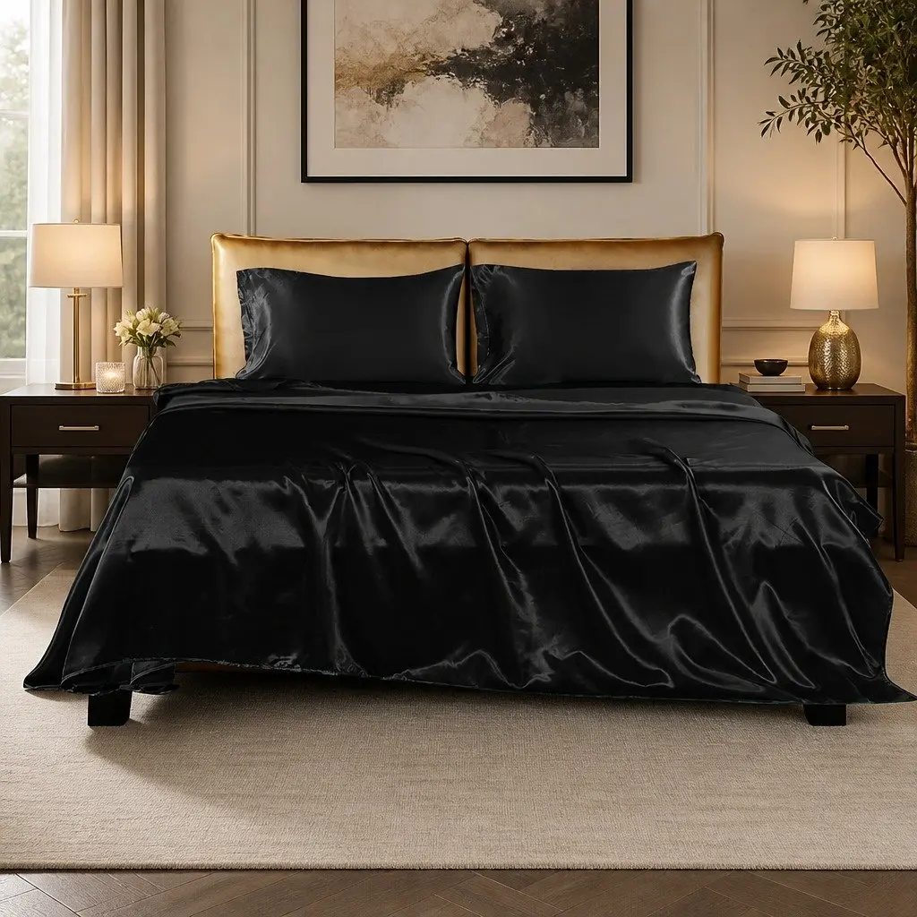 Satin Sheets Set Queen Fitted Flat Pillowcase Black Silky Smooth Lightweight