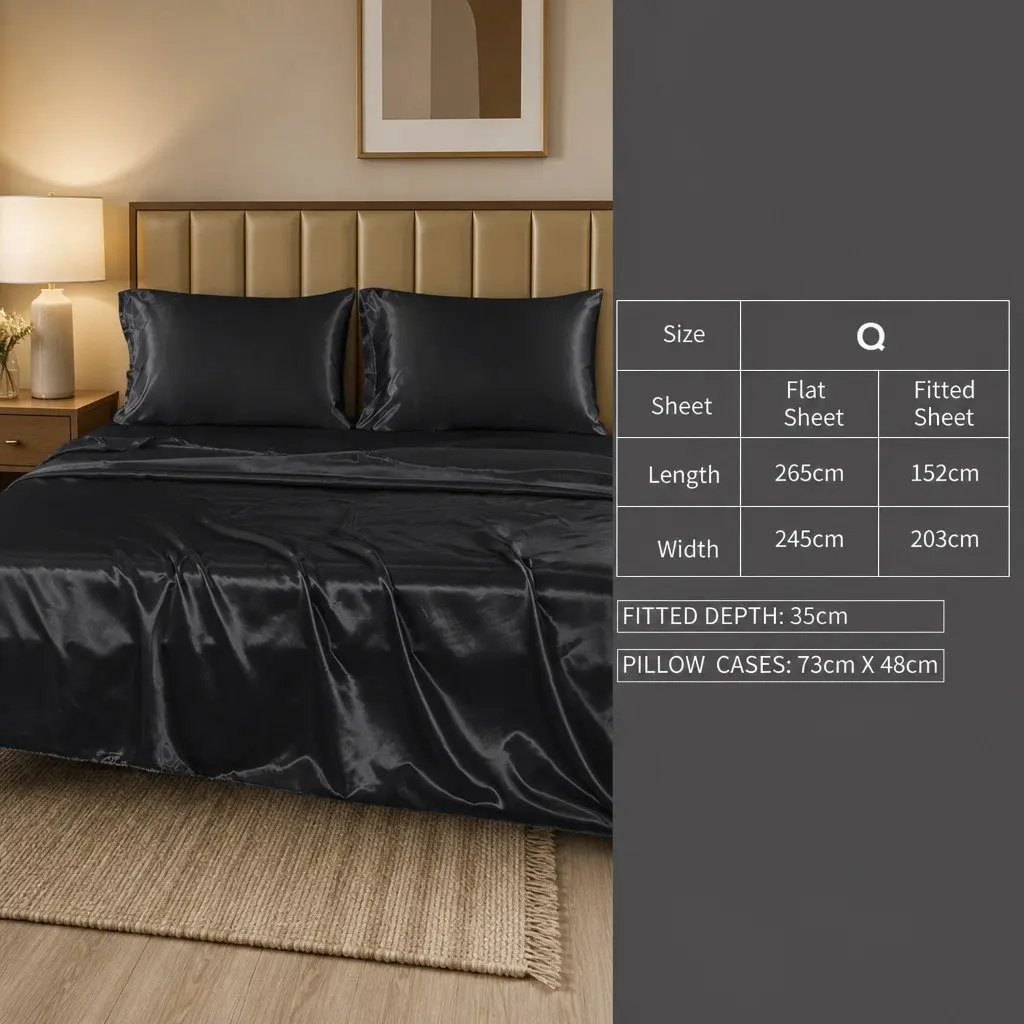 Satin Sheets Set Queen Fitted Flat Pillowcase Black Silky Smooth Lightweight