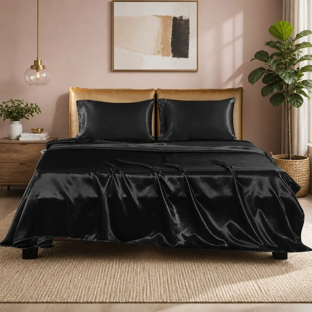 Satin Sheets Set Queen Fitted Flat Pillowcase Black Silky Smooth Lightweight