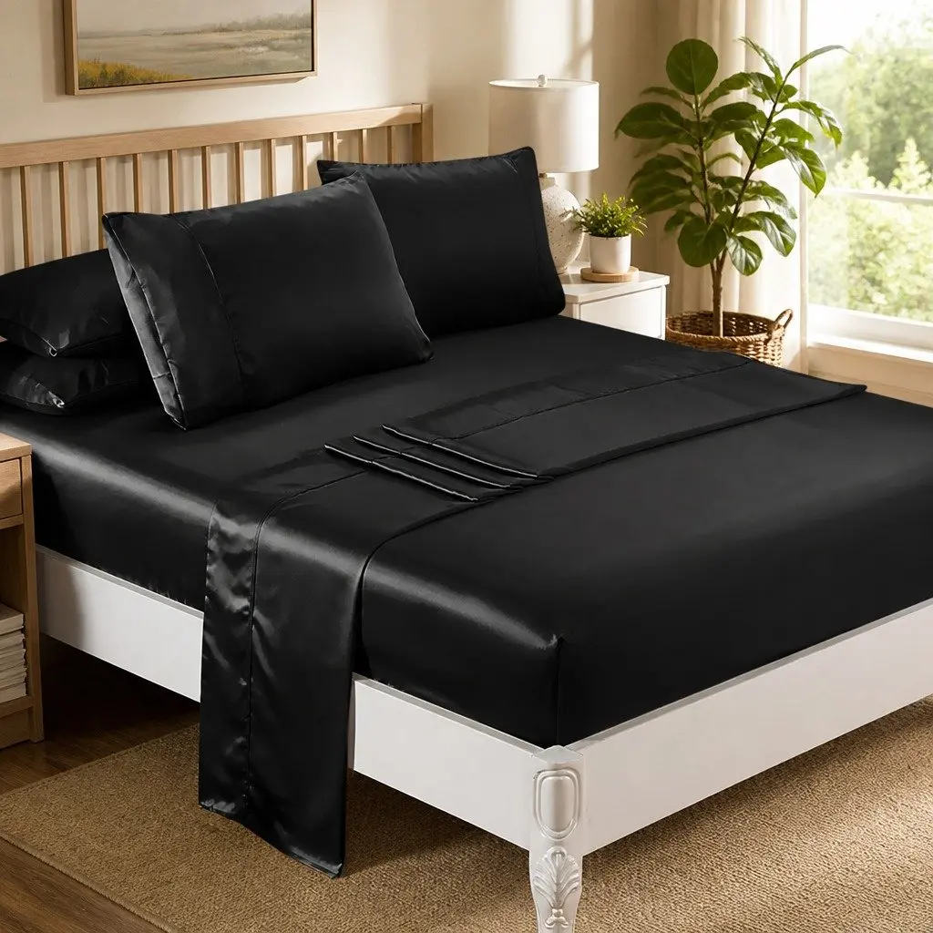 Satin Sheets Set Queen Fitted Flat Pillowcase Black Silky Smooth Lightweight