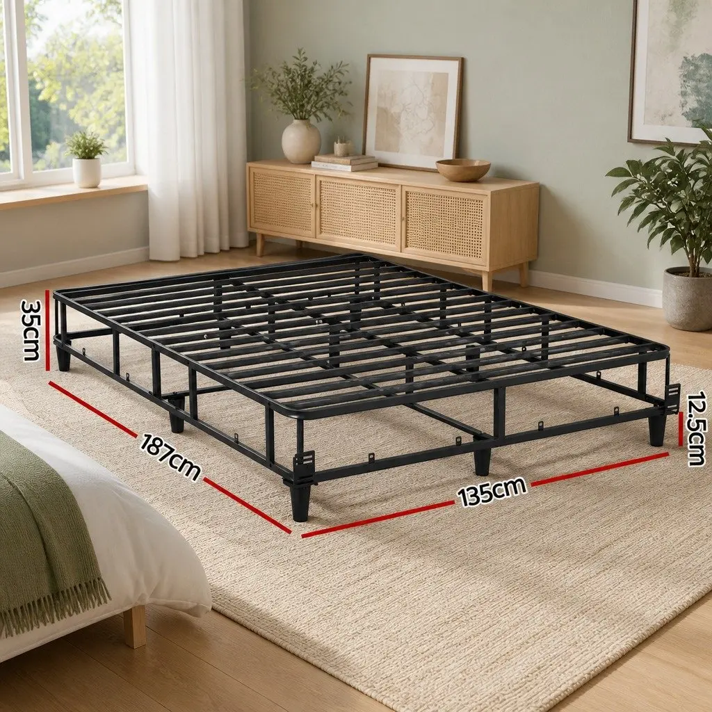 Double Bed Frame Grey Metal Slat Support Upholstered Fabric
