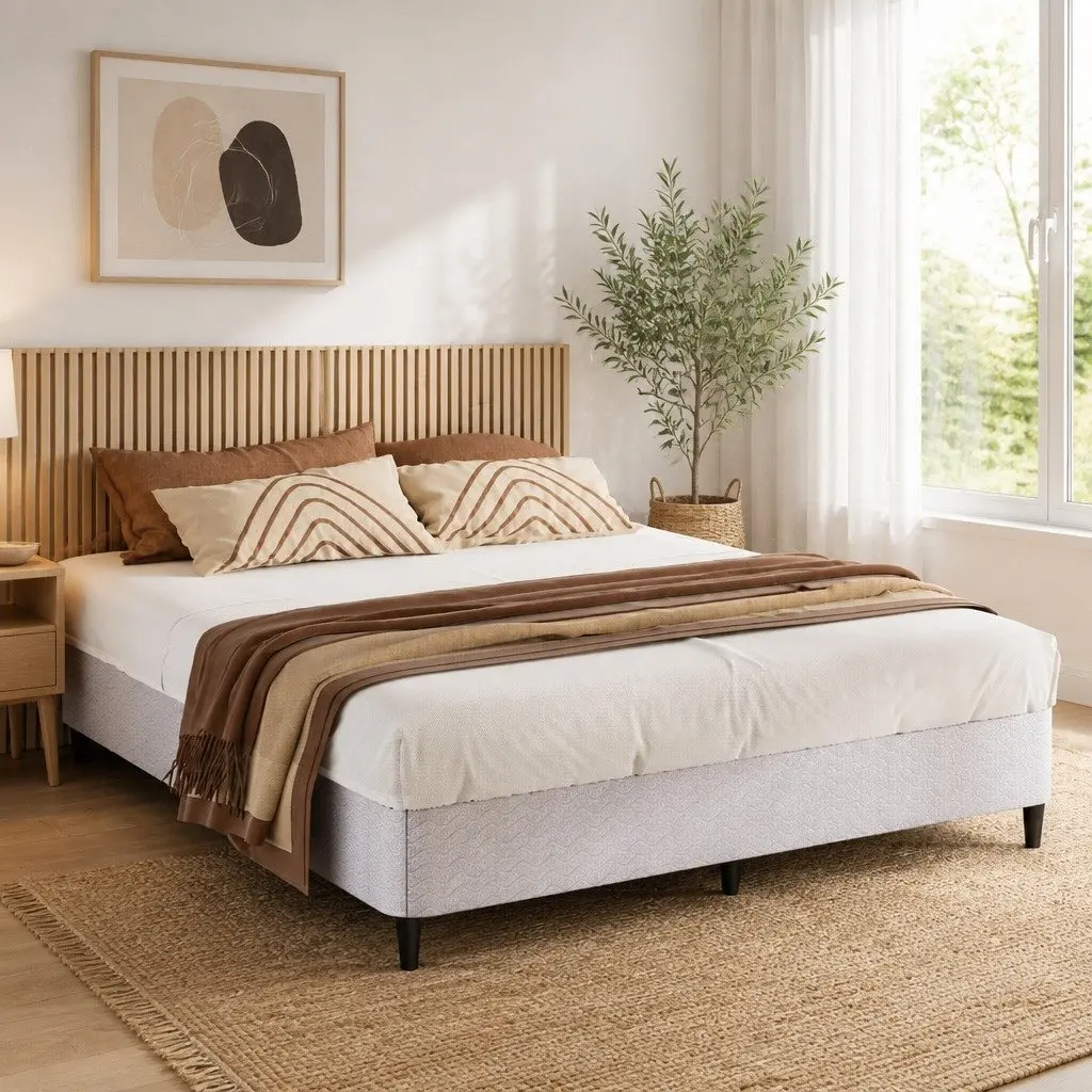 Metal Bed Frame Grey Fabric Cover King Size Sturdy Slat Support Platform