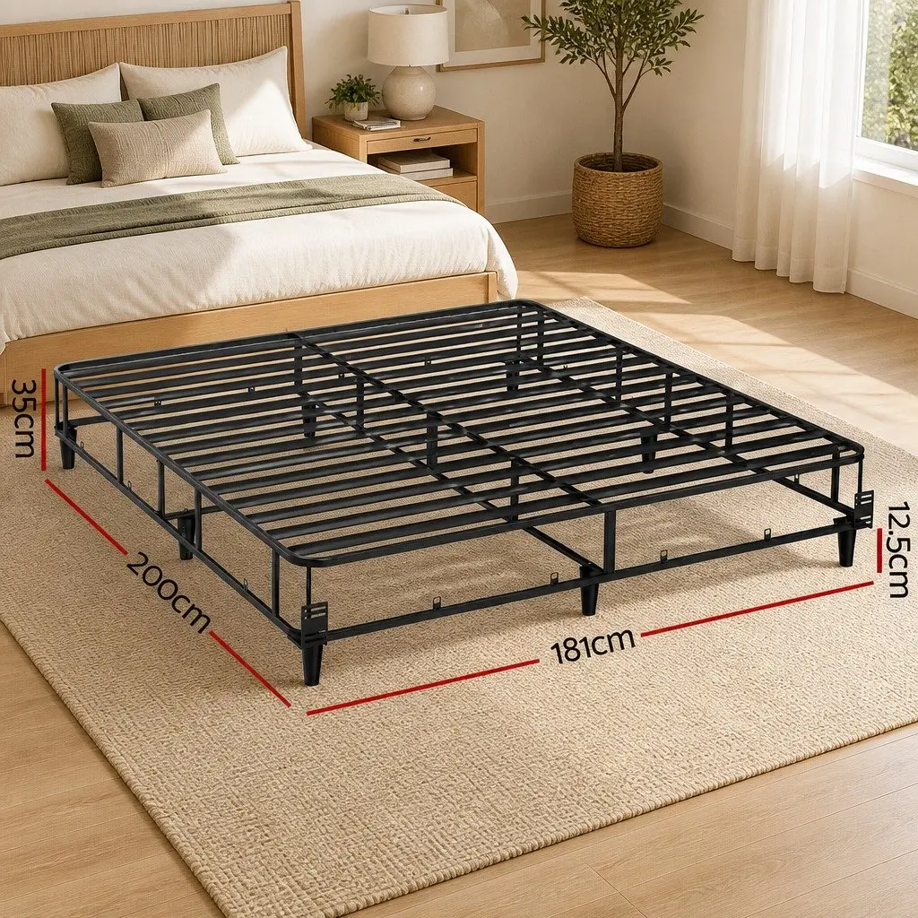 Metal Bed Frame Grey Fabric Cover King Size Sturdy Slat Support Platform