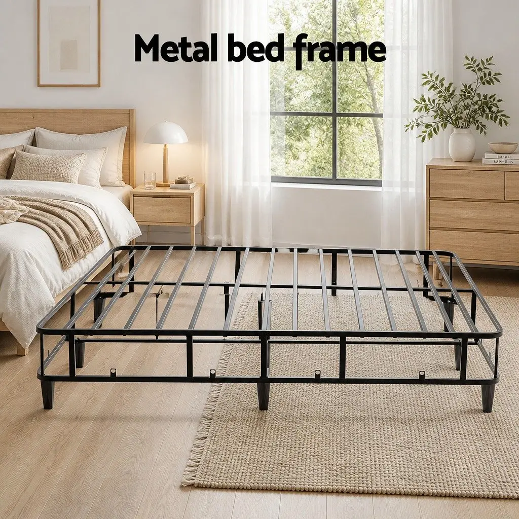 Metal Bed Frame Grey Fabric Cover King Size Sturdy Slat Support Platform