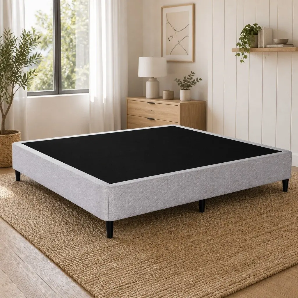 Metal Bed Frame Grey Fabric Cover King Size Sturdy Slat Support Platform