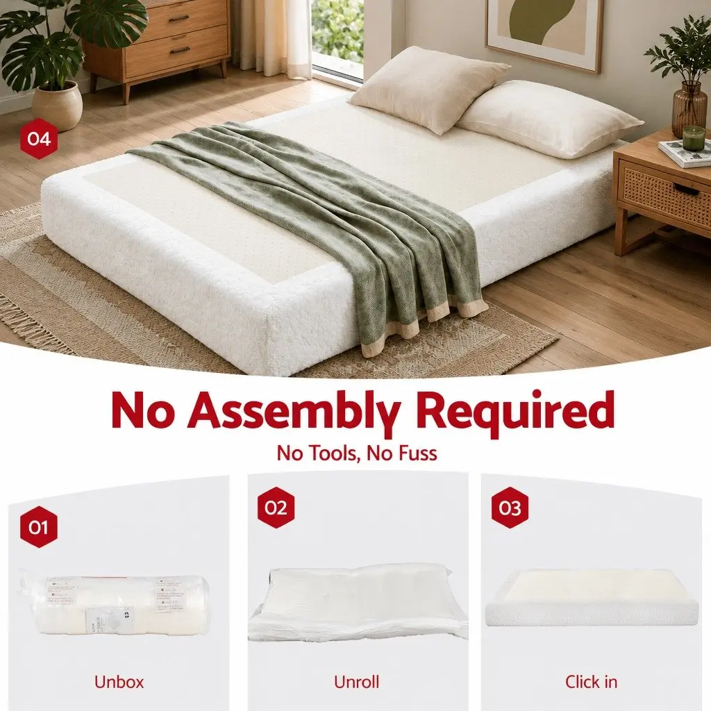 Compression Bed Frame White Queen Size Tool-free Setup Vacuum Packed Boucle Fabric