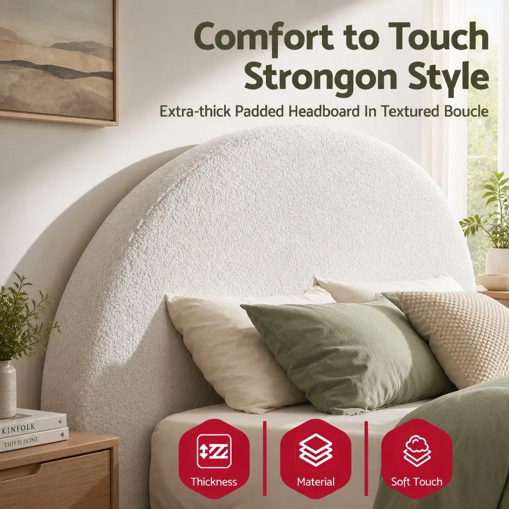 Double Foam Headboard White 154cm Wide Semi-Round Boucle Fabric No-Assembly Soft