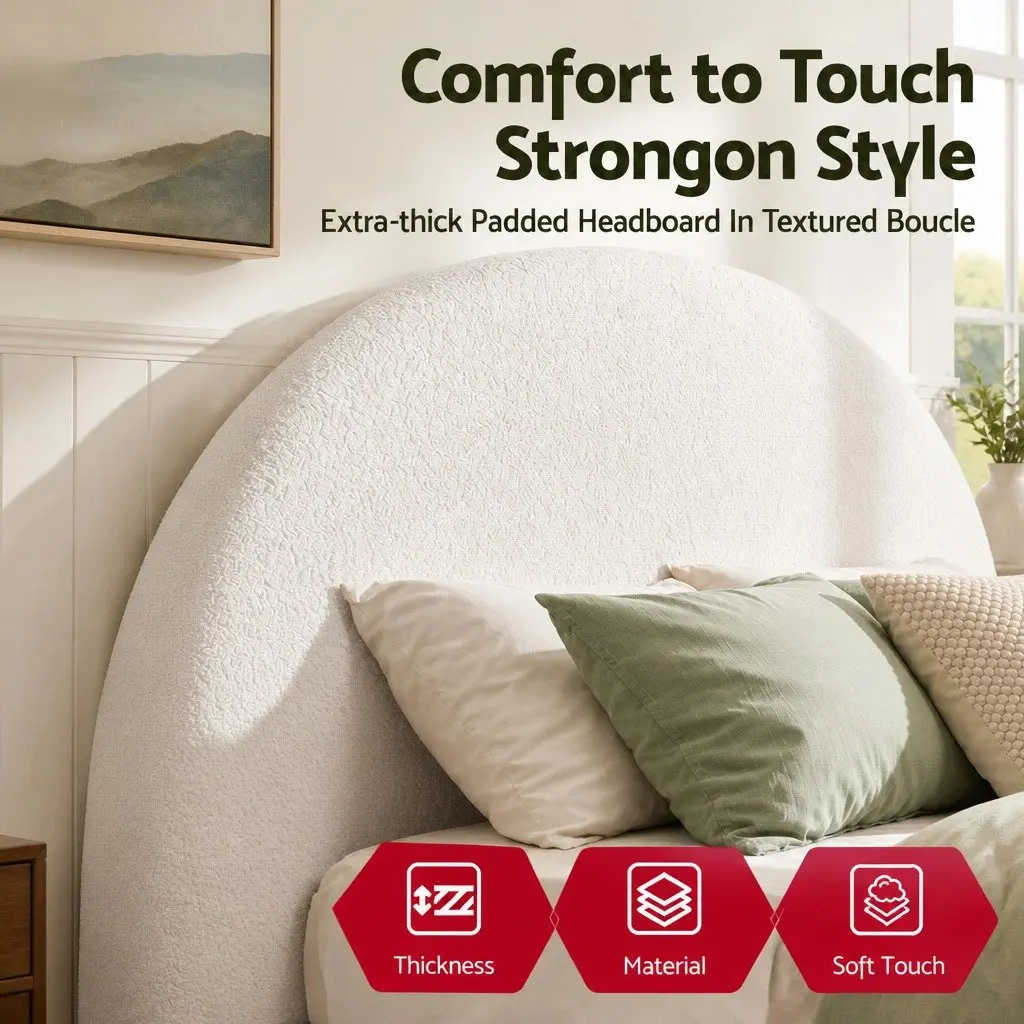 Queen Size Bed Headboard Semi-Round Boucle Fabric No-Assembly Backrest 171cm