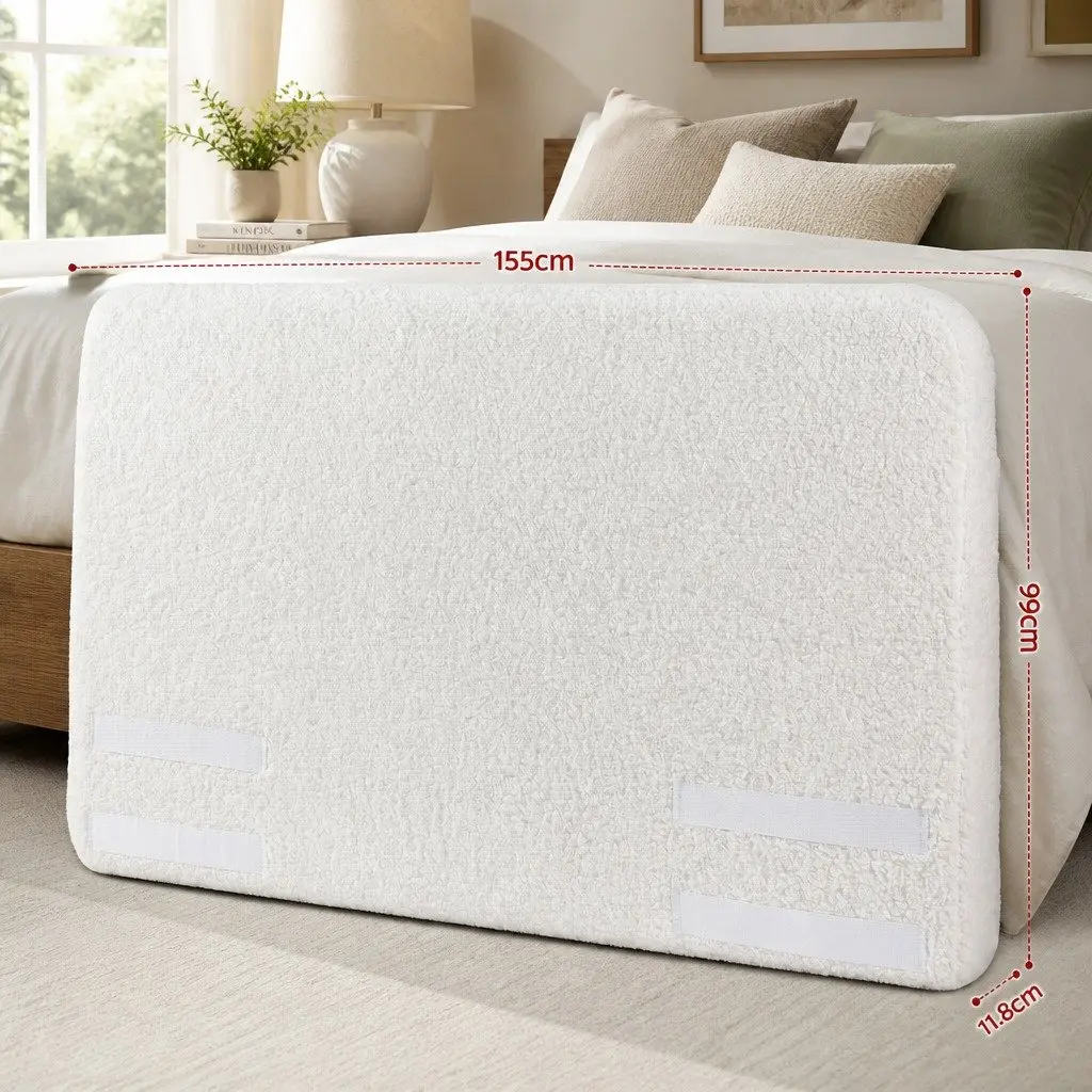 Double Headboard Bed Frame White Boucle Fabric Removable Washable Cover
