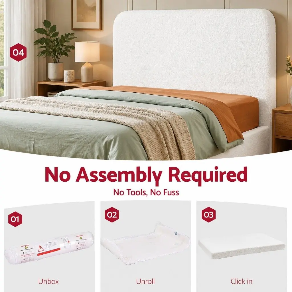 Double Headboard Bed Frame White Boucle Fabric Removable Washable Cover