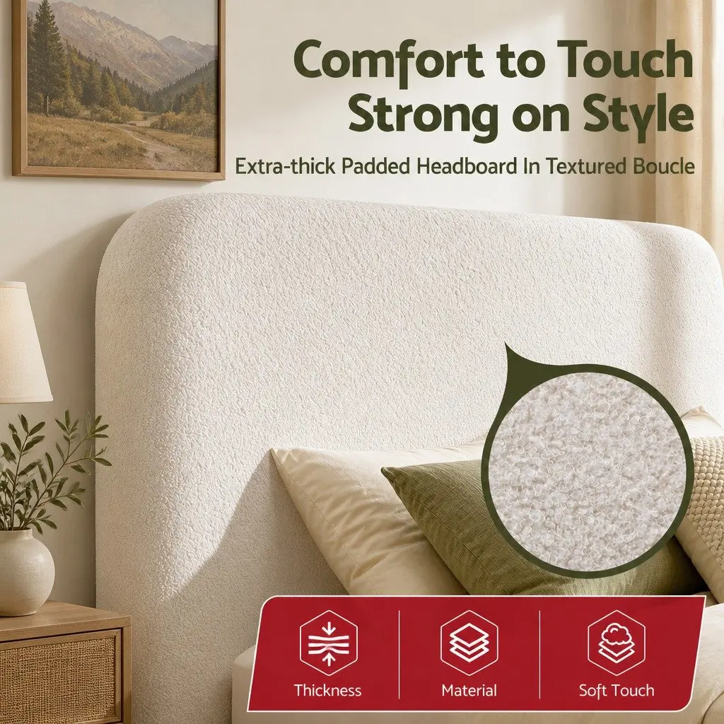 Double Headboard Bed Frame White Boucle Fabric Removable Washable Cover