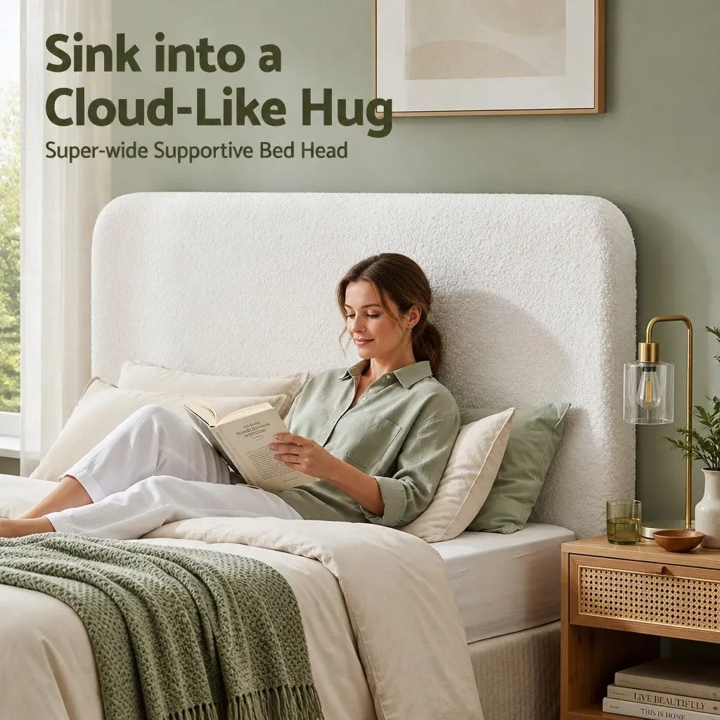 Double Headboard Bed Frame White Boucle Fabric Removable Washable Cover