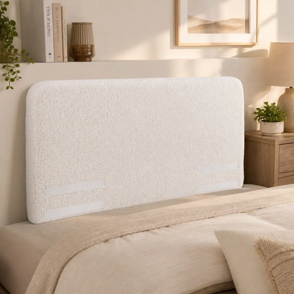 Double Headboard Bed Frame White Boucle Fabric Removable Washable Cover