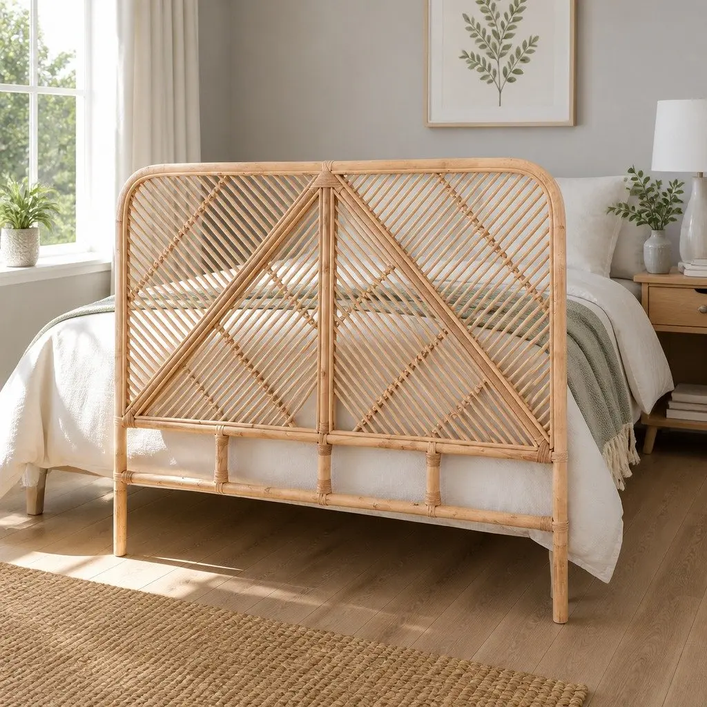 Double Headboard Rattan Natural Pine Easy Maintenance No Assembly Bedroom Essential