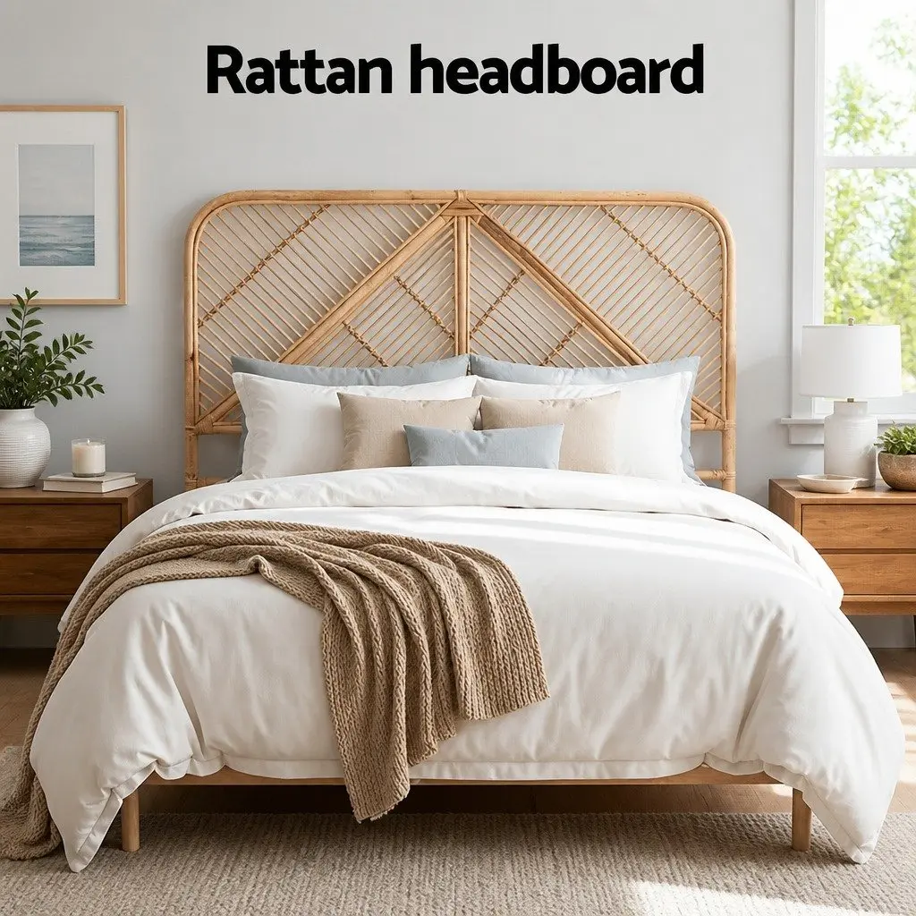 Double Headboard Rattan Natural Pine Easy Maintenance No Assembly Bedroom Essential