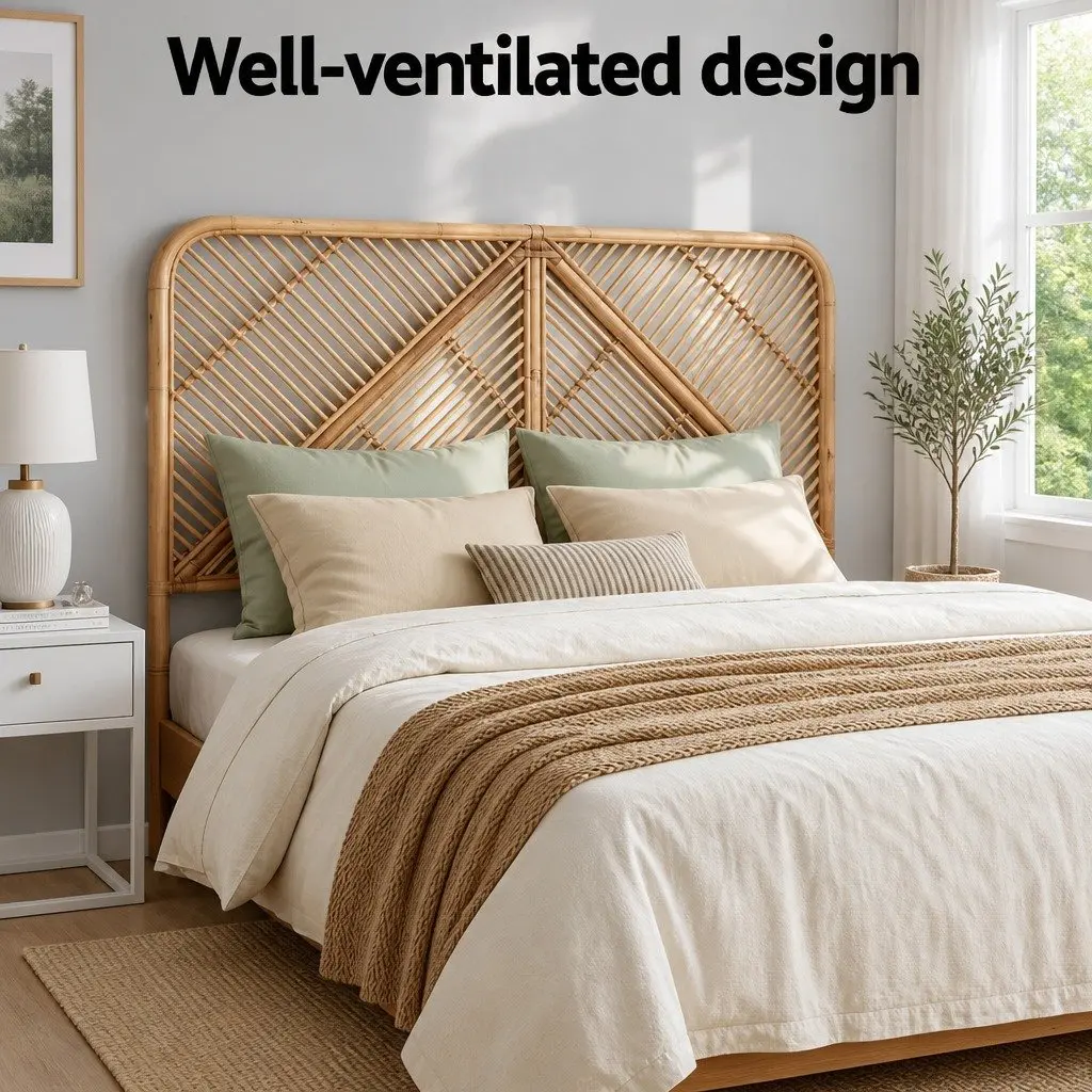 Double Headboard Rattan Natural Pine Easy Maintenance No Assembly Bedroom Essential
