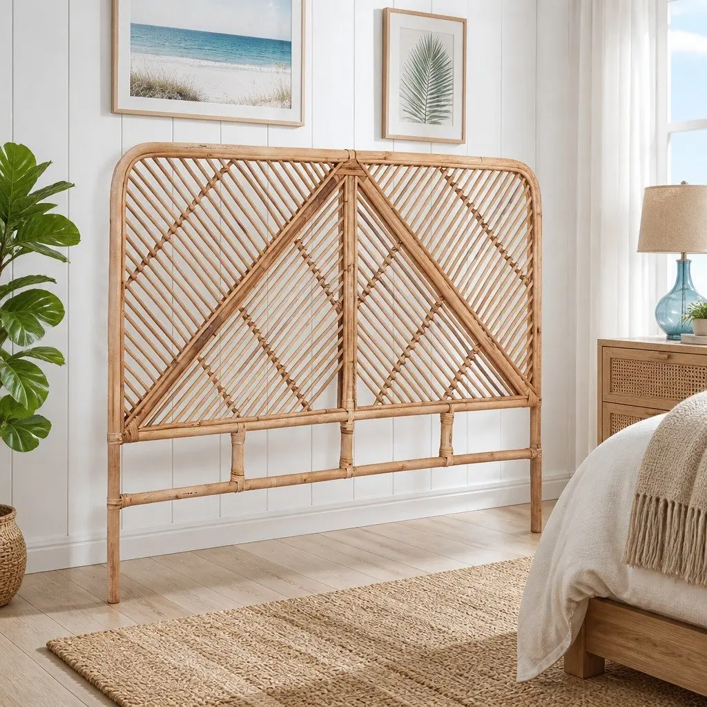 Queen Headboard Rattan Pine Natural Round Edge Rustic Boho
